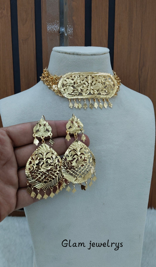 Gold Jadau Punjabi Style Patra Choker Indian Jewellery Sultan Set