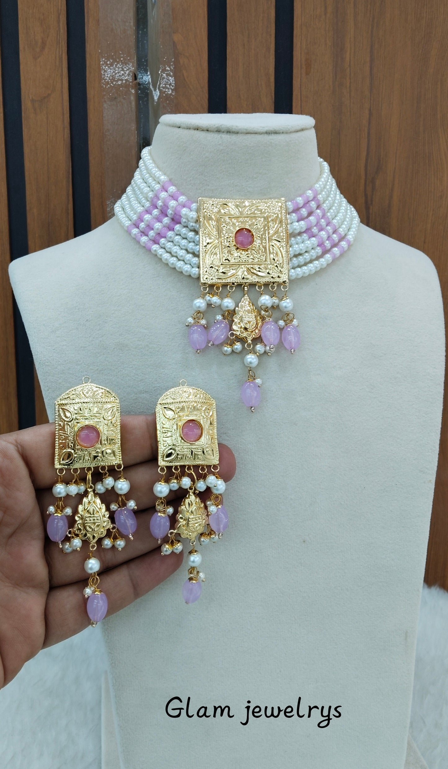 Lavender Gold Jadau Punjabi Style Choker Indian Jewellery Sultan Set