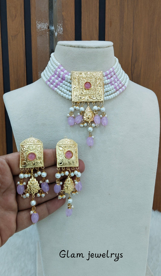 Lavender Gold Jadau Punjabi Style Choker Indian Jewellery Sultan Set