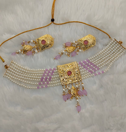 Lavender Gold Jadau Punjabi Style Choker Indian Jewellery Sultan Set