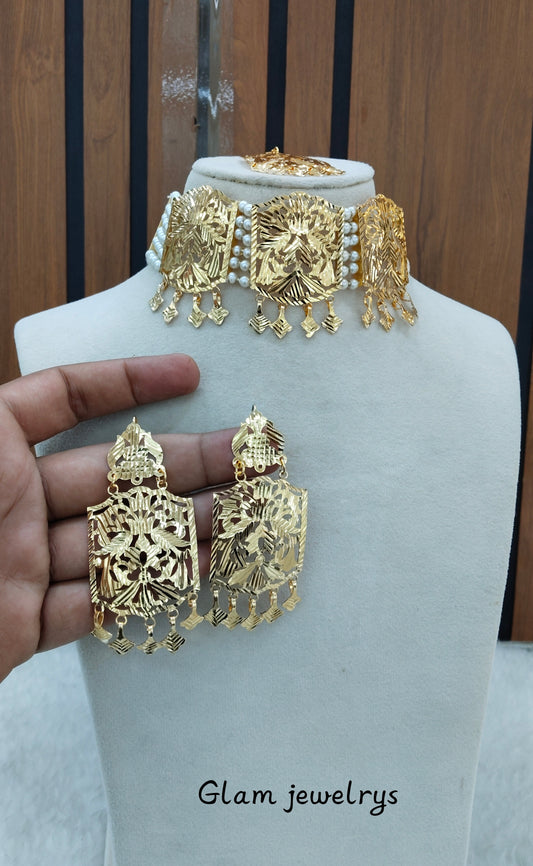 Gold Jadau Punjabi Style Patra Choker Indian Jewellery Sultan Set