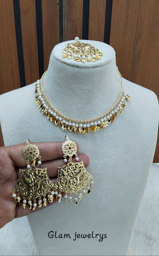 Gold Jadau Punjabi Style Necklace Indian Jewellery Sultan Set