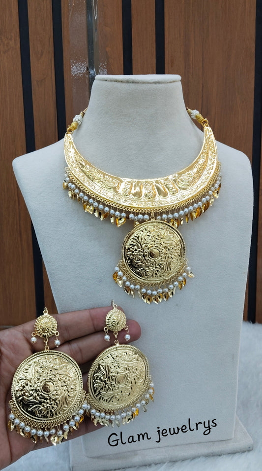 Gold Jadau Punjabi Style Necklace Indian Jewellery Sultan Set