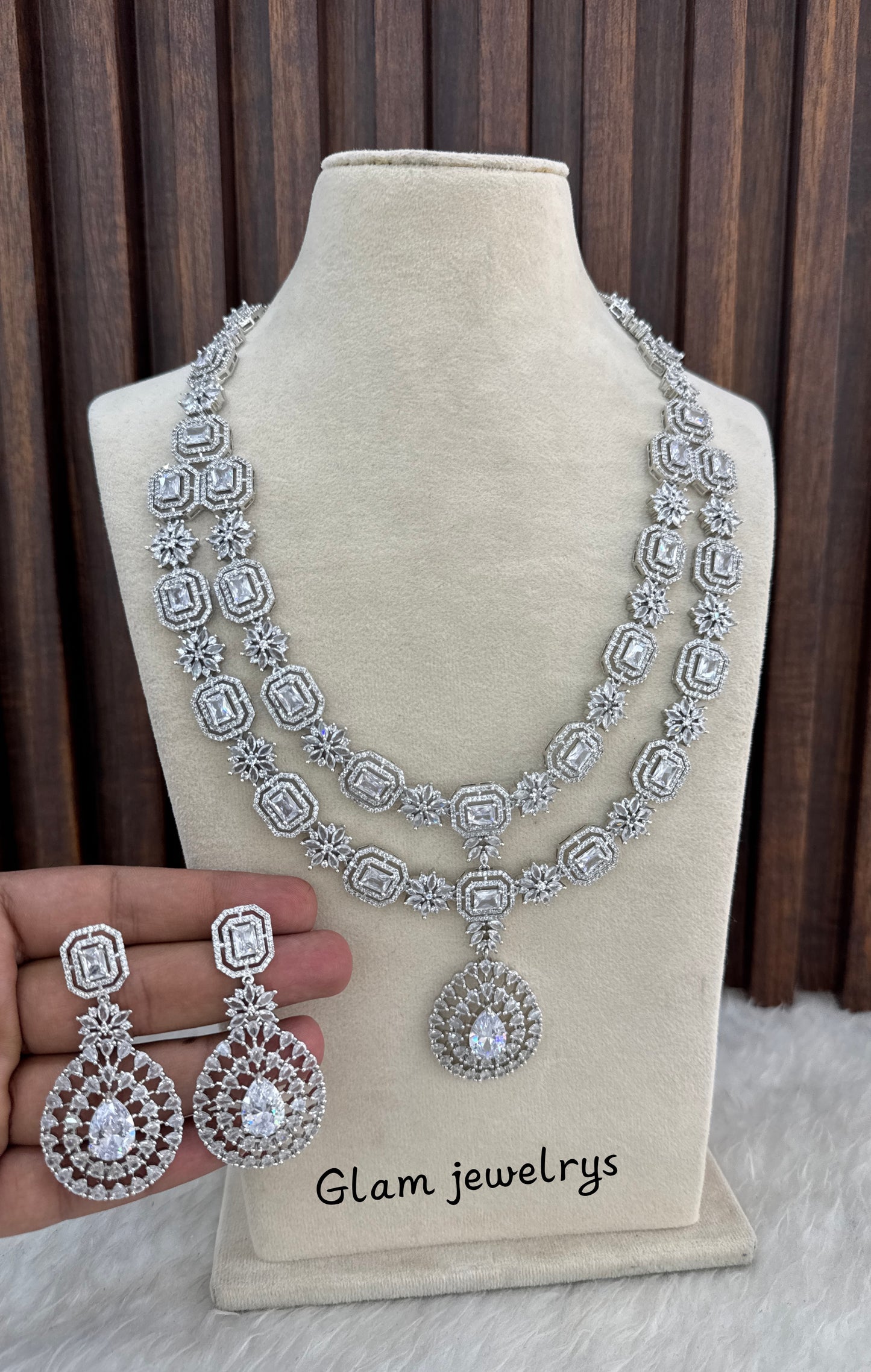 Silver CZ Long Necklace Indian Jewellery Angel Set