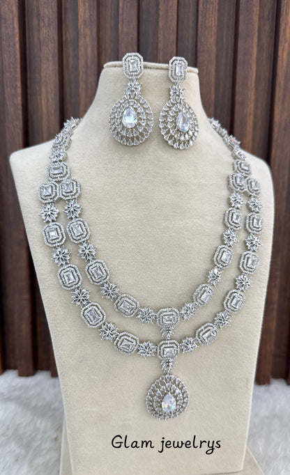 Silver CZ Long Necklace Indian Jewellery Angel Set