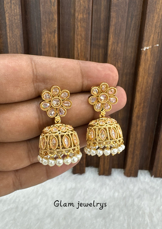 White Gold Polki Jhumki Indian Bollywood Dhutta Earrings