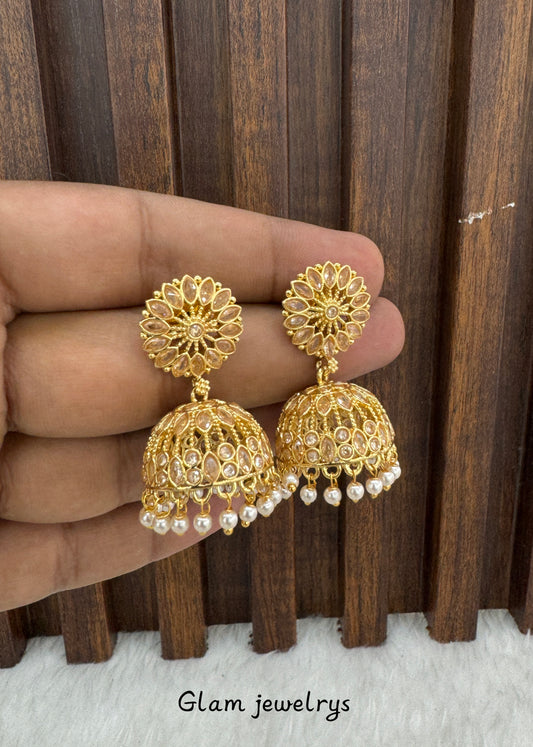 White Gold Polki Jhumki Indian Bollywood Dhutta Earrings
