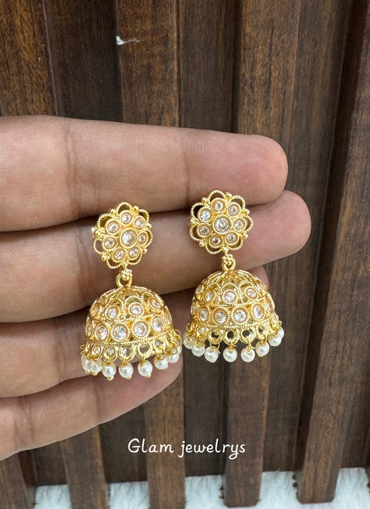 White Gold Polki Jhumki Indian Bollywood Dhutta Earrings