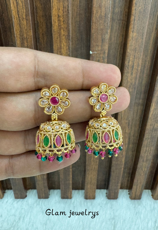 Ruby Green Gold Polki Jhumki Indian Bollywood Dhutta Earrings