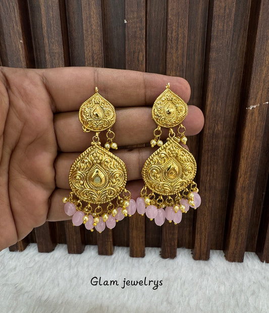 Pink Jadau Patra Indian Bollywood Guggu Earrings