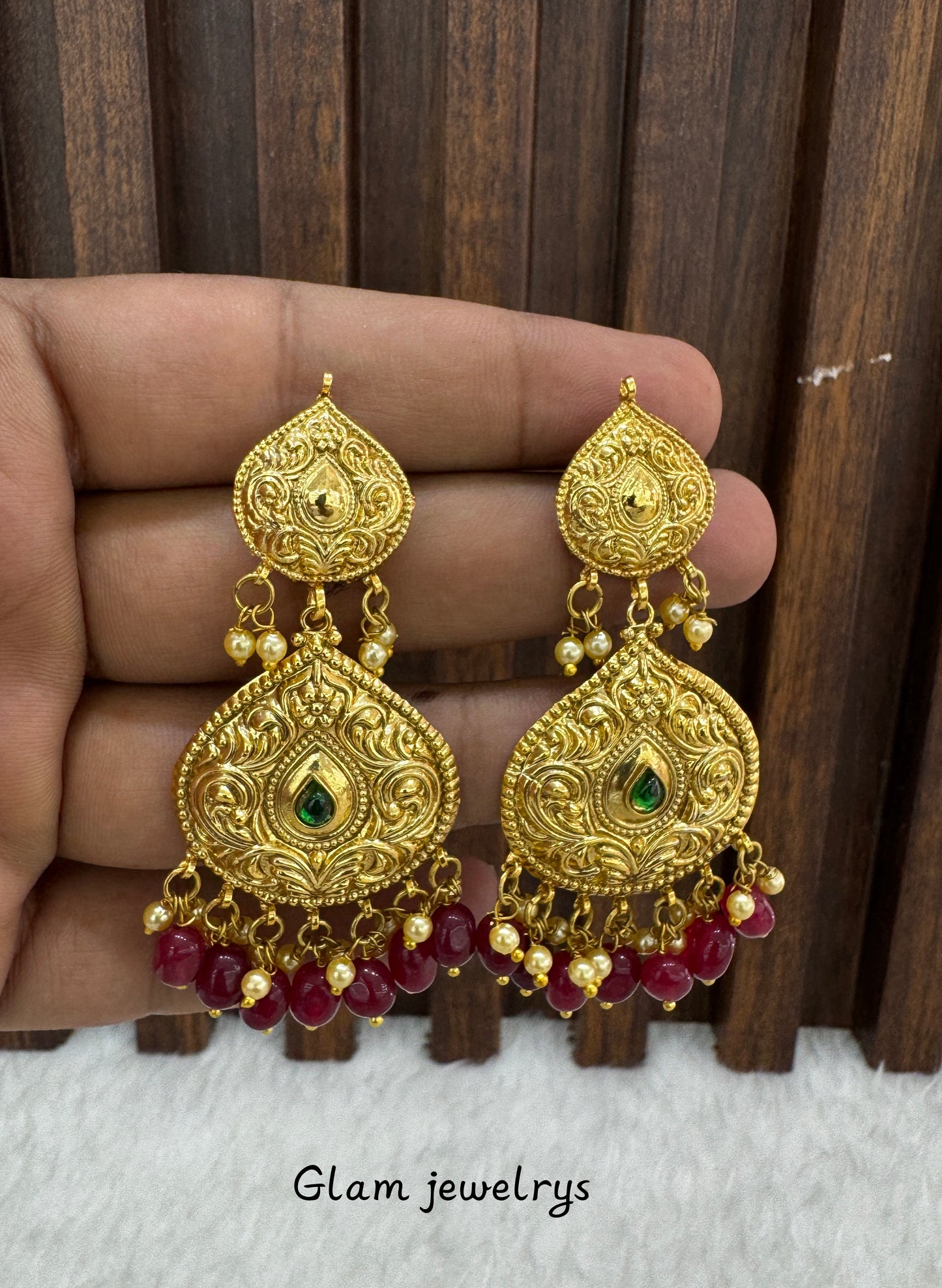 Ruby Green Jadau Patra Indian Bollywood Guggu Earrings