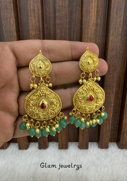 Ruby Sage Green Jadau Patra Indian Bollywood Guggu Earrings