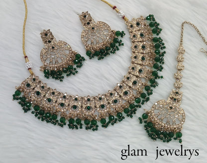 Antique Gold Green Indian Bridal Isha Jewellery Necklace Set