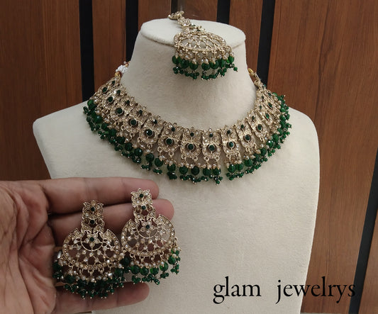Antique Gold Green Indian Bridal Isha Jewellery Necklace Set