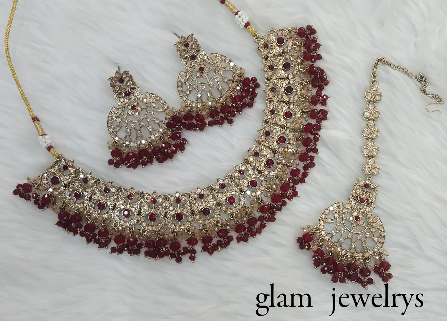 Antique Gold Maroon Indian Bridal Isha Jewellery Necklace Set