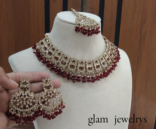 Antique Gold Maroon Indian Bridal Isha Jewellery Necklace Set