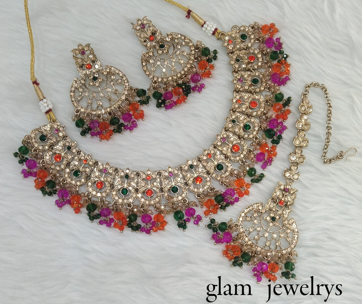 Antique Gold Multi Colour Indian Bridal Isha Jewellery Necklace Set