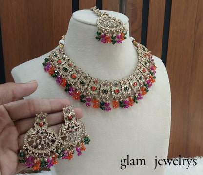 Antique Gold Multi Colour Indian Bridal Isha Jewellery Necklace Set
