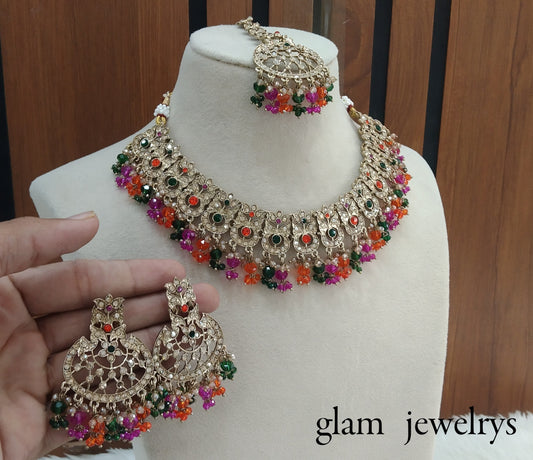 Antique Gold Multi Colour Indian Bridal Isha Jewellery Necklace Set