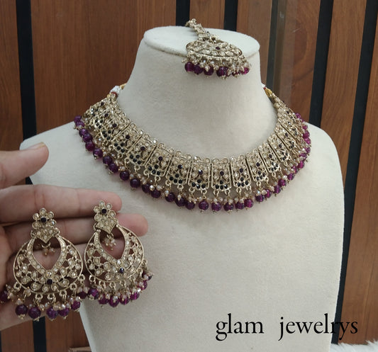 Antique Gold Purple Indian Bridal Isha Jewellery Necklace Set