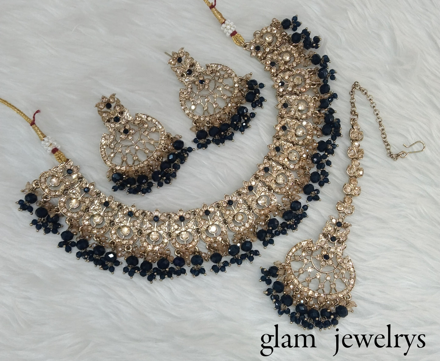 Antique Gold Blue Indian Bridal Isha Jewellery Necklace Set