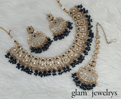 Antique Gold Blue Indian Bridal Isha Jewellery Necklace Set