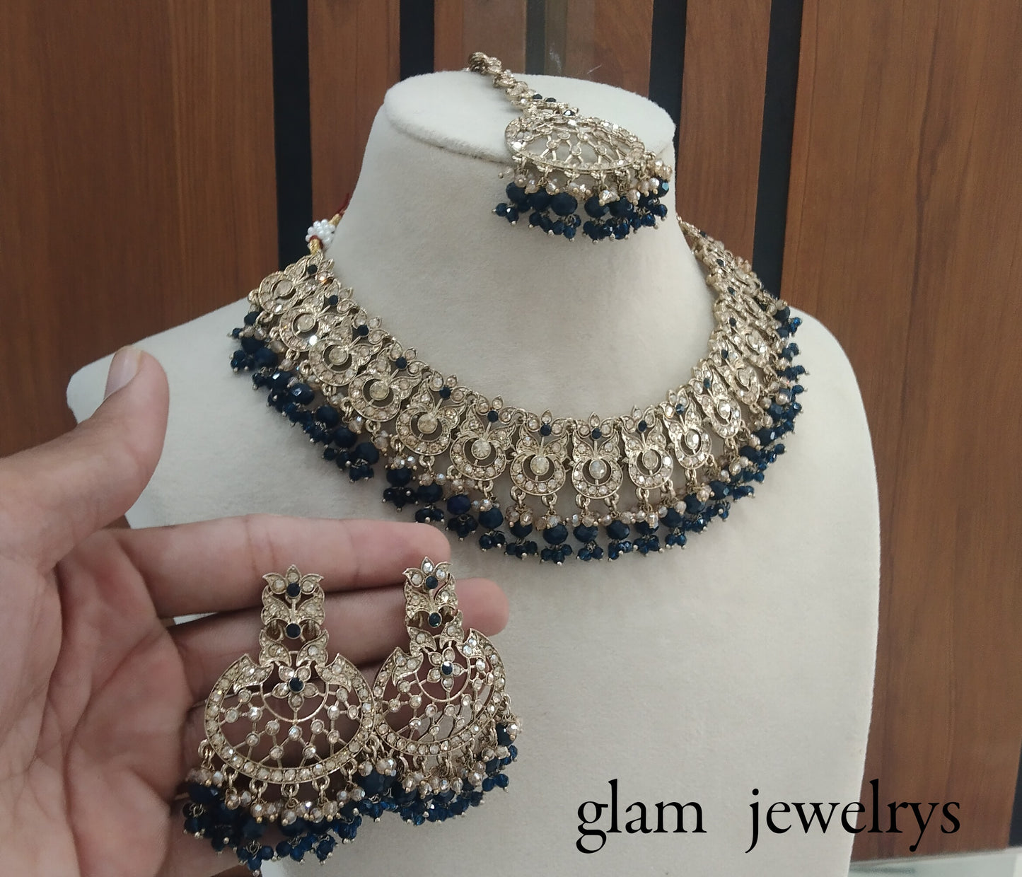 Antique Gold Blue Indian Bridal Isha Jewellery Necklace Set