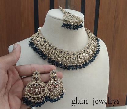 Antique Gold Blue Indian Bridal Isha Jewellery Necklace Set