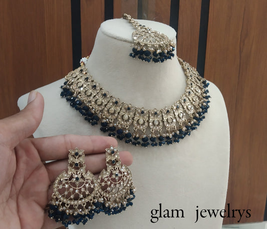 Antique Gold Blue Indian Bridal Isha Jewellery Necklace Set