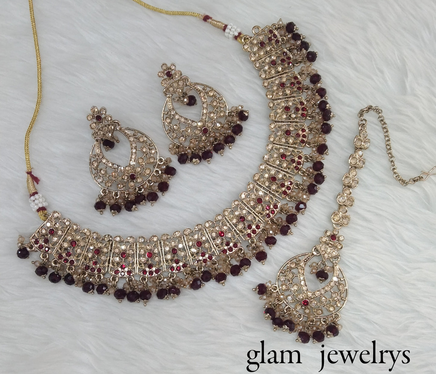 Antique Gold Maroon Indian Bridal Isha Jewellery Necklace Set