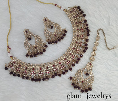 Antique Gold Maroon Indian Bridal Isha Jewellery Necklace Set