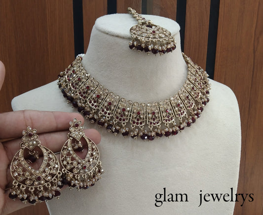 Antique Gold Maroon Indian Bridal Isha Jewellery Necklace Set