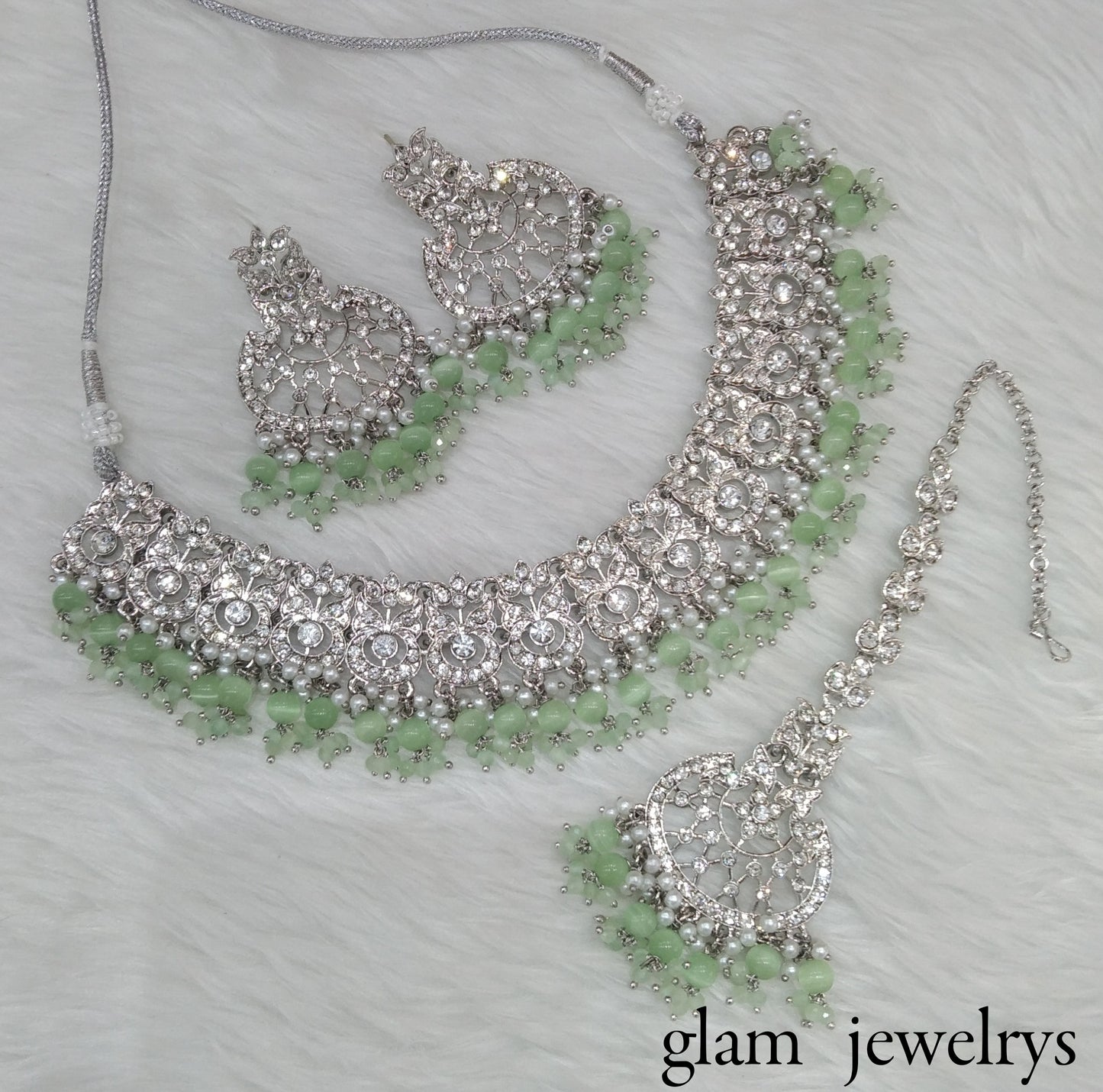 Silver Pastel Green Indian Bridal Isha Jewellery Necklace Set