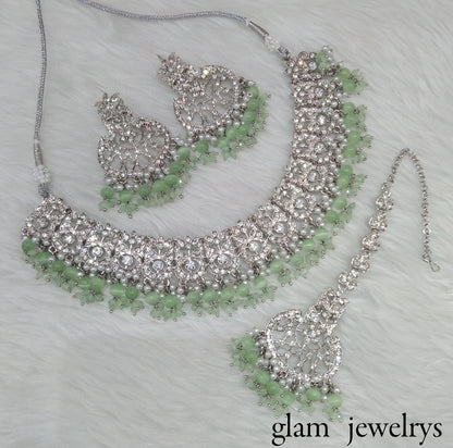 Silver Pastel Green Indian Bridal Isha Jewellery Necklace Set