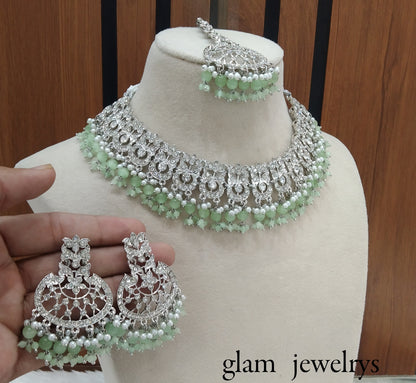 Silver Pastel Green Indian Bridal Isha Jewellery Necklace Set