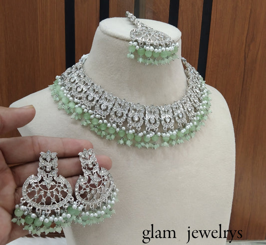 Silver Pastel Green Indian Bridal Isha Jewellery Necklace Set