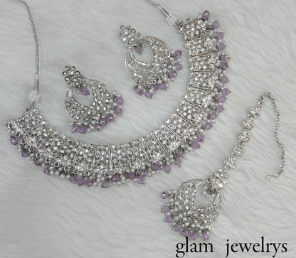 Silver Lavender Indian Bridal Isha Jewellery Necklace Set