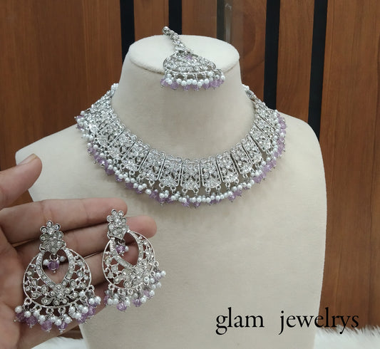 Silver Lavender Indian Bridal Isha Jewellery Necklace Set