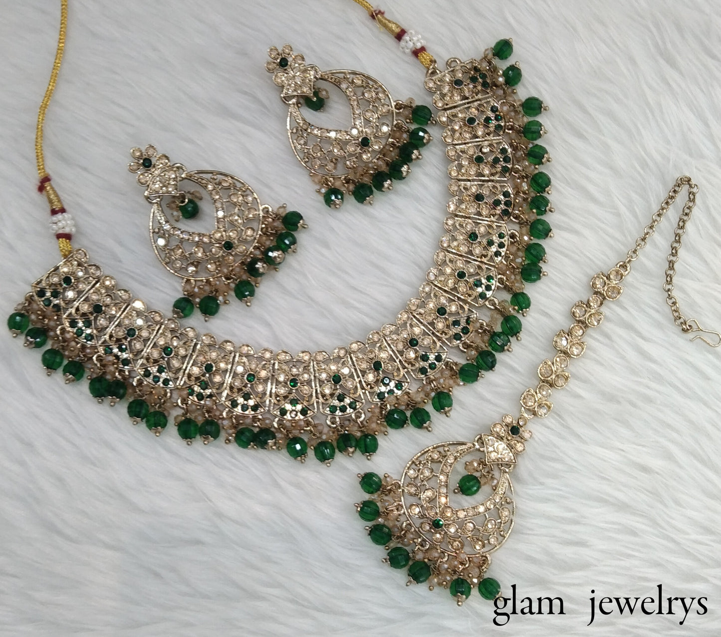 Antique Gold Green Indian Bridal Isha Jewellery Necklace Set