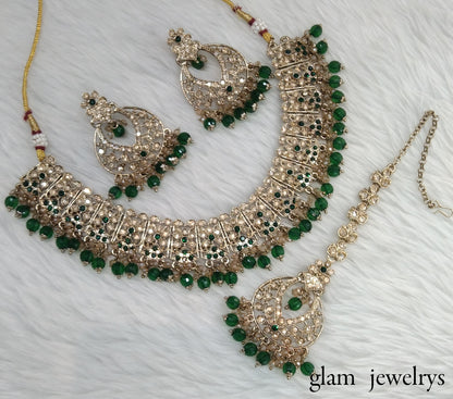 Antique Gold Green Indian Bridal Isha Jewellery Necklace Set