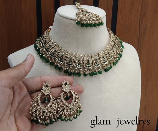 Antique Gold Green Indian Bridal Isha Jewellery Necklace Set