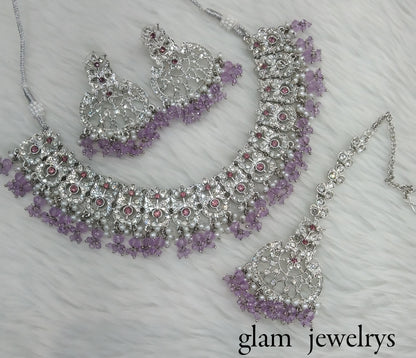 Silver Lavender Indian Bridal Isha Jewellery Necklace Set