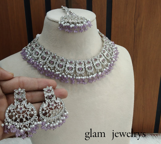 Silver Lavender Indian Bridal Isha Jewellery Necklace Set