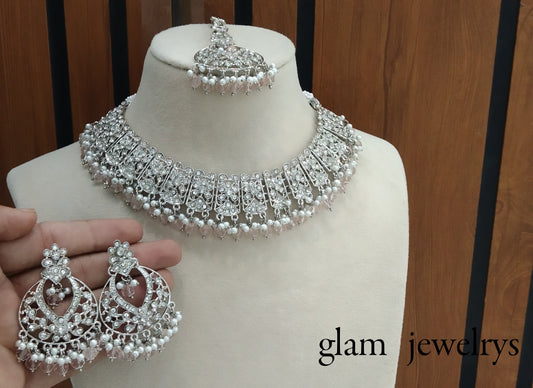 Silver Indian Peach Bridal Isha Jewellery Necklace Set