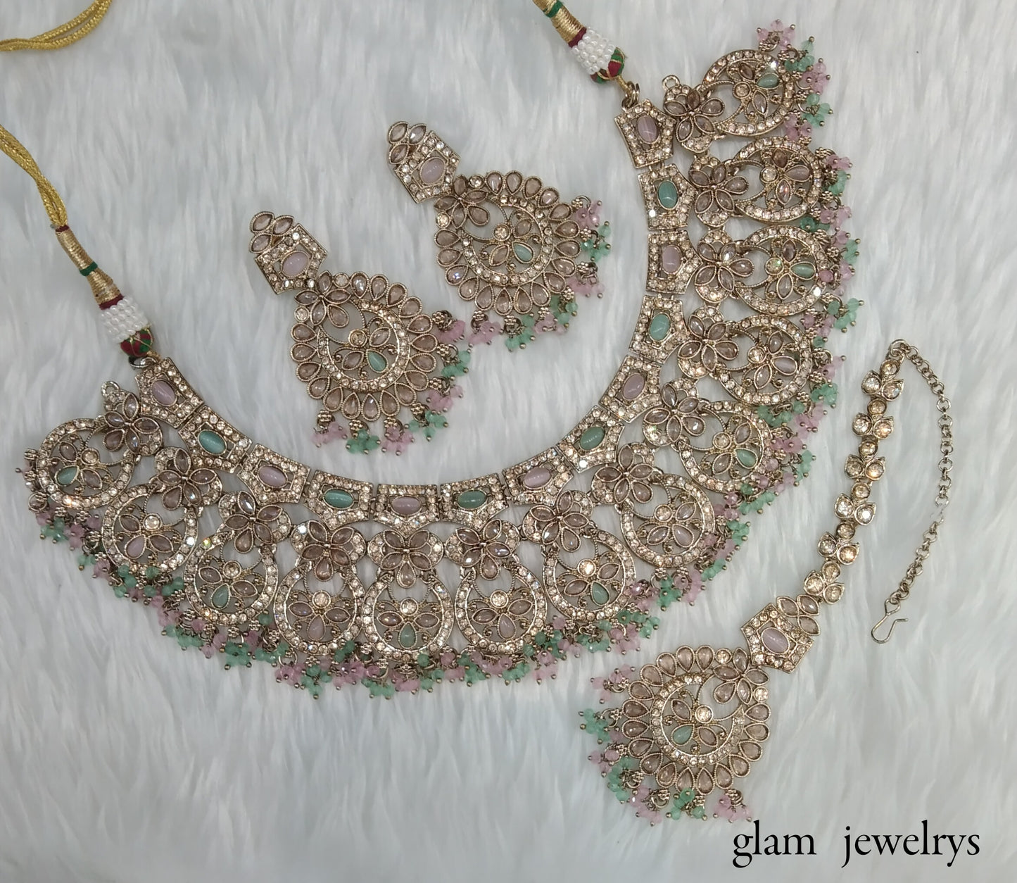 Antique Gold Mint Pink Indian Bridal Binder Jewellery Necklace Set