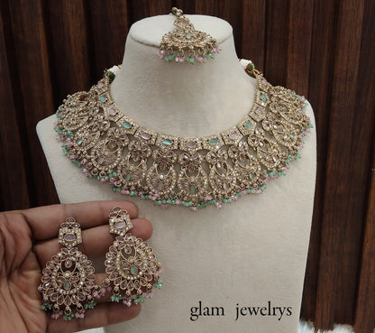 Antique Gold Mint Pink Indian Bridal Binder Jewellery Necklace Set