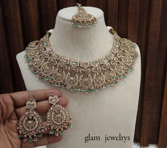 Antique Gold Mint Pink Indian Bridal Binder Jewellery Necklace Set