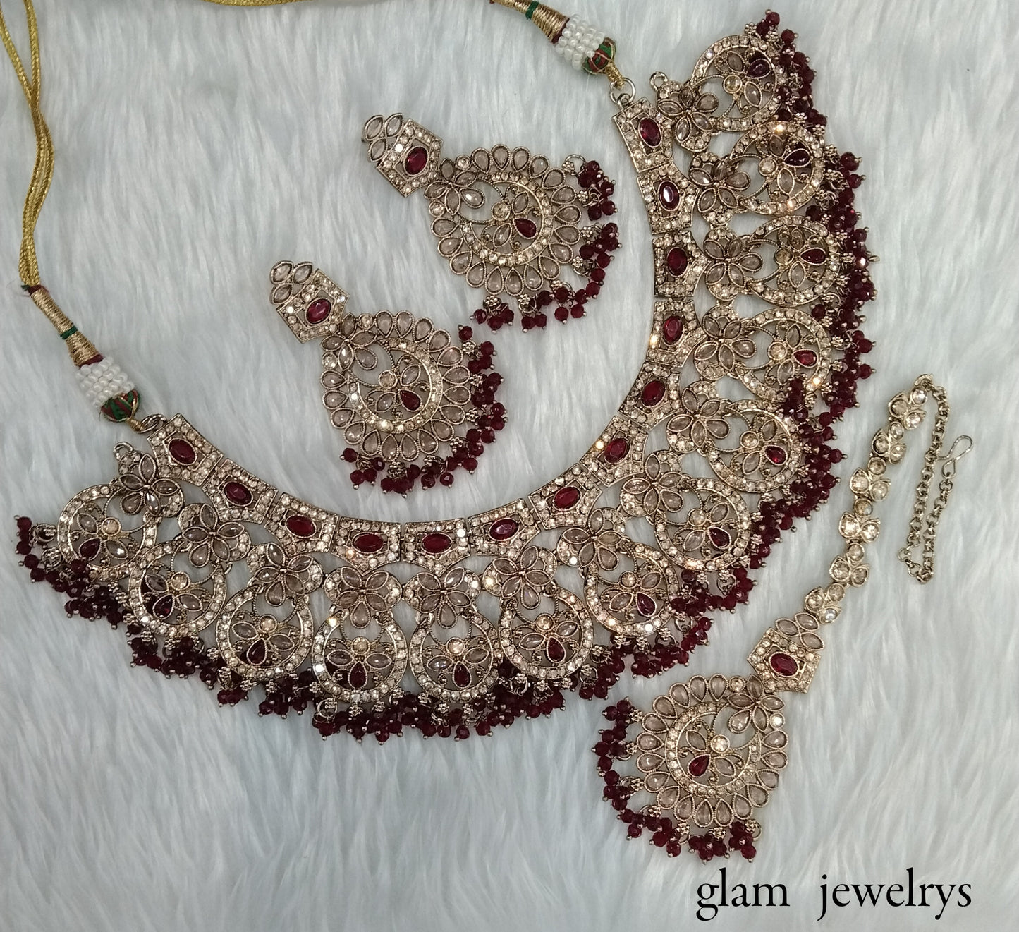Antique Gold Maroon Indian Bridal Binder Jewellery Necklace Set