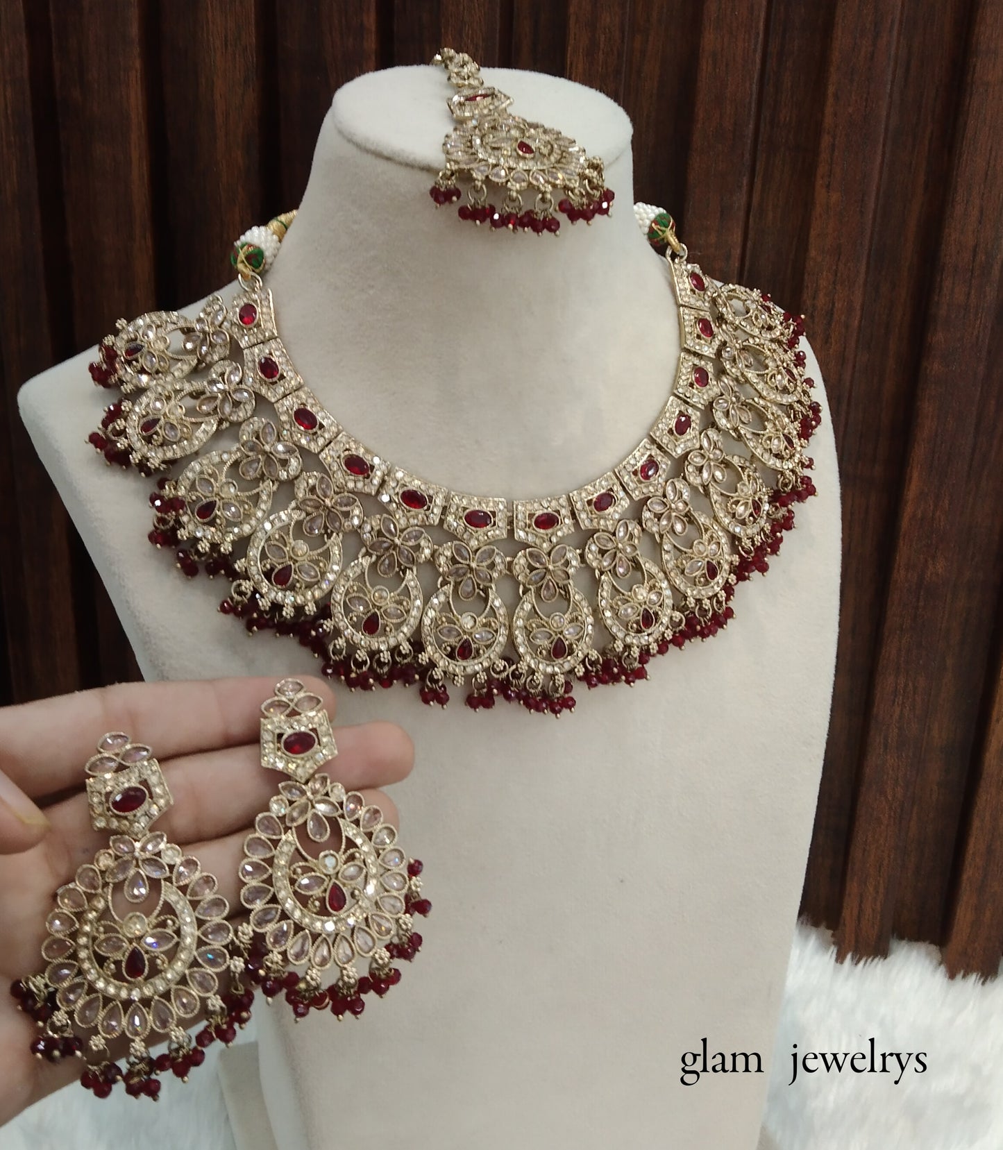 Antique Gold Maroon Indian Bridal Binder Jewellery Necklace Set