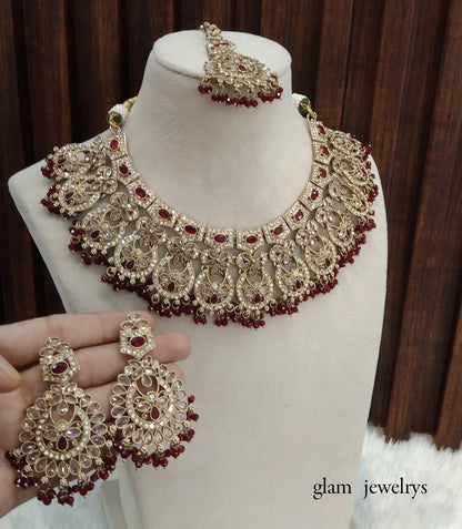 Antique Gold Maroon Indian Bridal Binder Jewellery Necklace Set